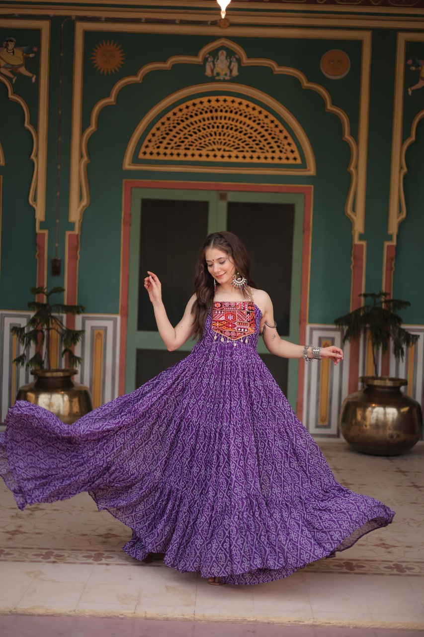Purple Color Georgette Bandhej Print Navratri Gown