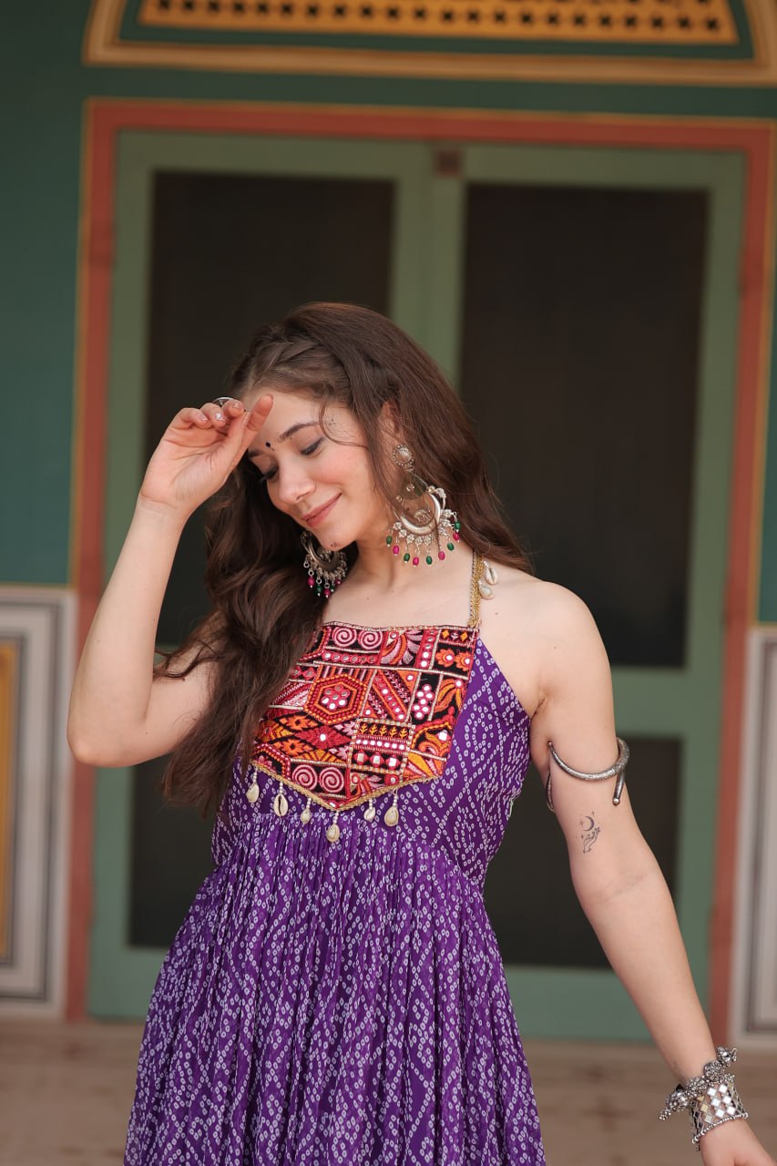 Purple Color Georgette Bandhej Print Navratri Gown