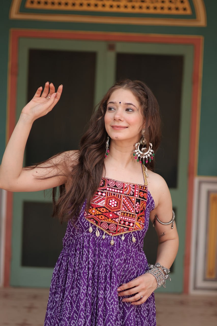 Purple Color Georgette Bandhej Print Navratri Gown