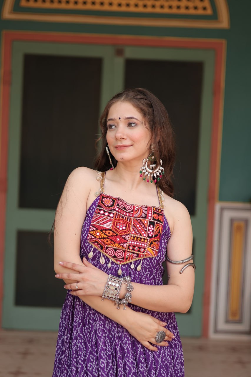 Purple Color Georgette Bandhej Print Navratri Gown