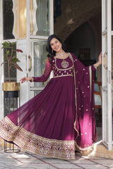 Charming Wine Embroidered Georgette Engagement Wear Gown