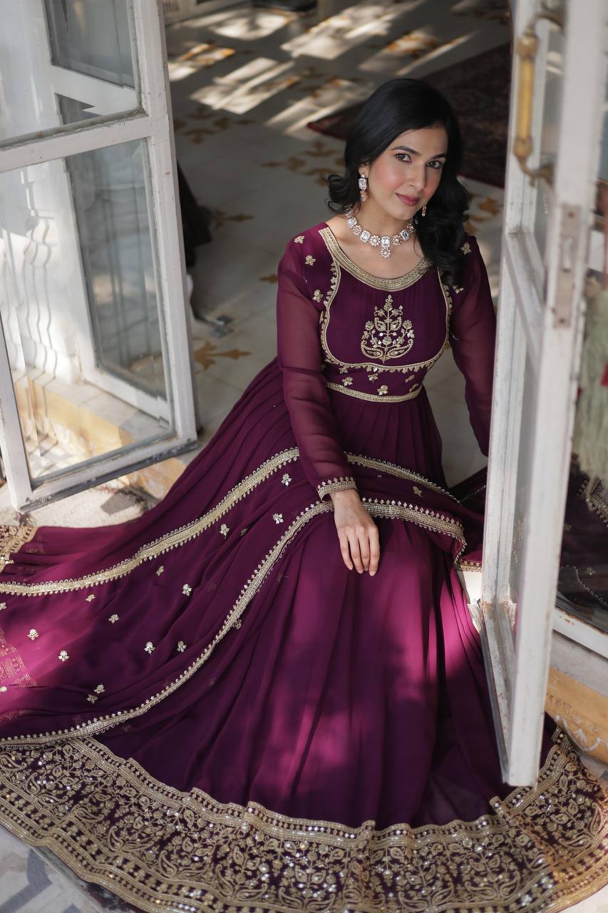 Charming Wine Embroidered Georgette Engagement Wear Gown