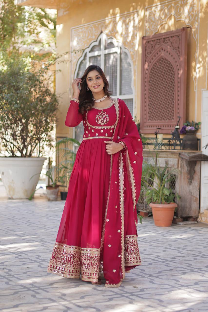 Alluring Pink Embroidered Georgette Wedding Gown With Dupatta