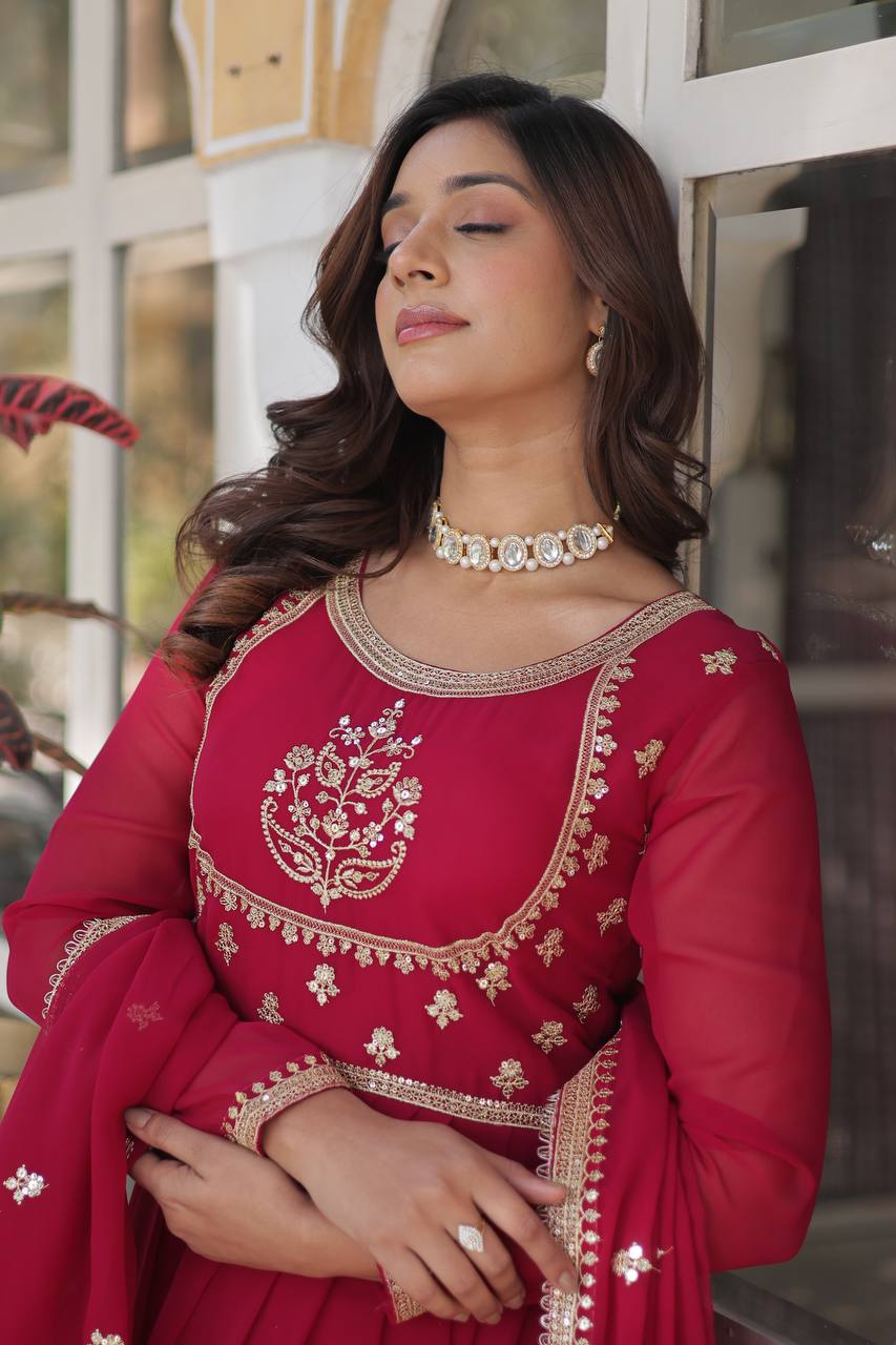 Alluring Pink Embroidered Georgette Wedding Gown With Dupatta