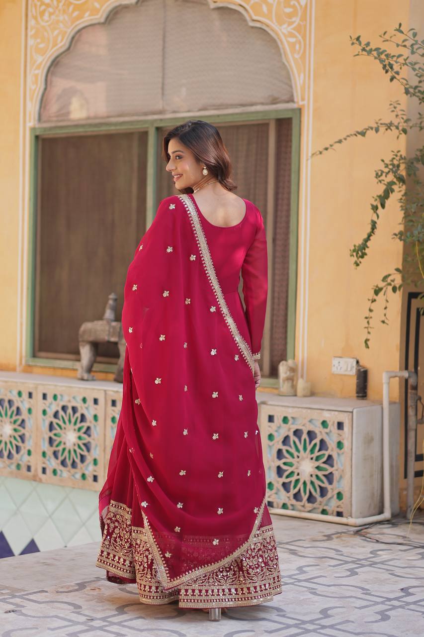 Alluring Pink Embroidered Georgette Wedding Gown With Dupatta