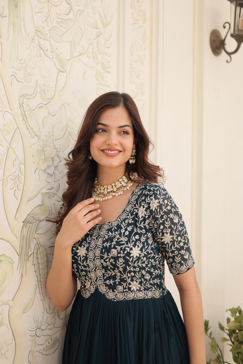 Luxury Designer Gown For Women - High-quality Faux Blooming Fabric With Zari Thread & Sequins Embroidery