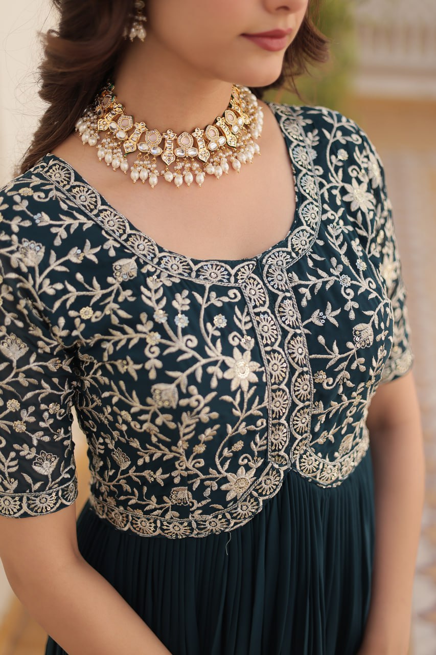 Luxury Designer Gown For Women - High-quality Faux Blooming Fabric With Zari Thread & Sequins Embroidery