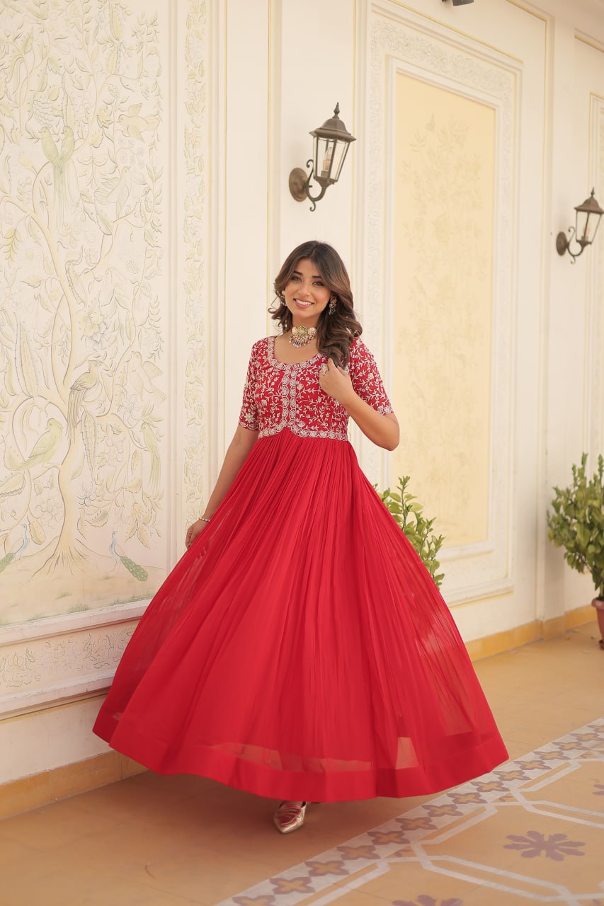 Luxury Designer Gown For Women - High-quality Faux Blooming Fabric With Zari Thread & Sequins Embroidery