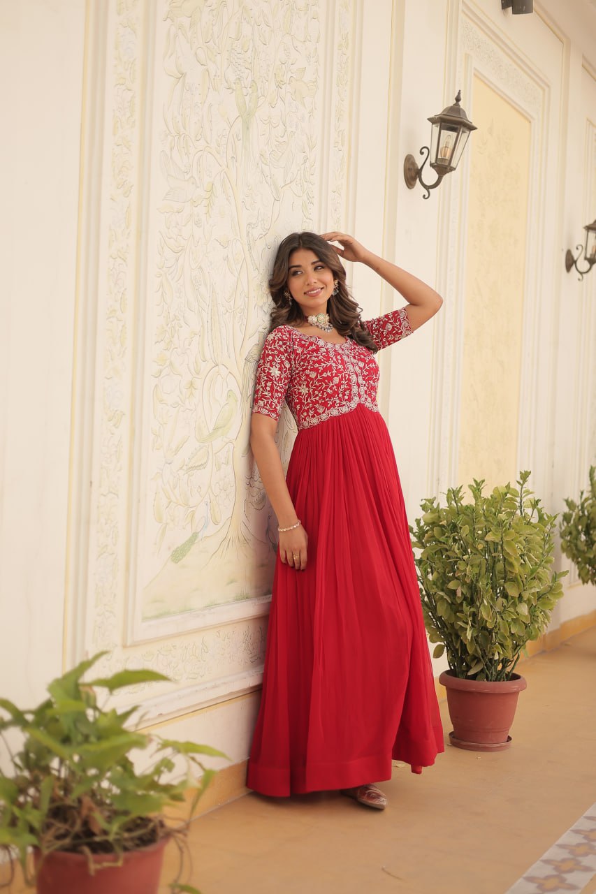 Luxury Designer Gown For Women - High-quality Faux Blooming Fabric With Zari Thread & Sequins Embroidery