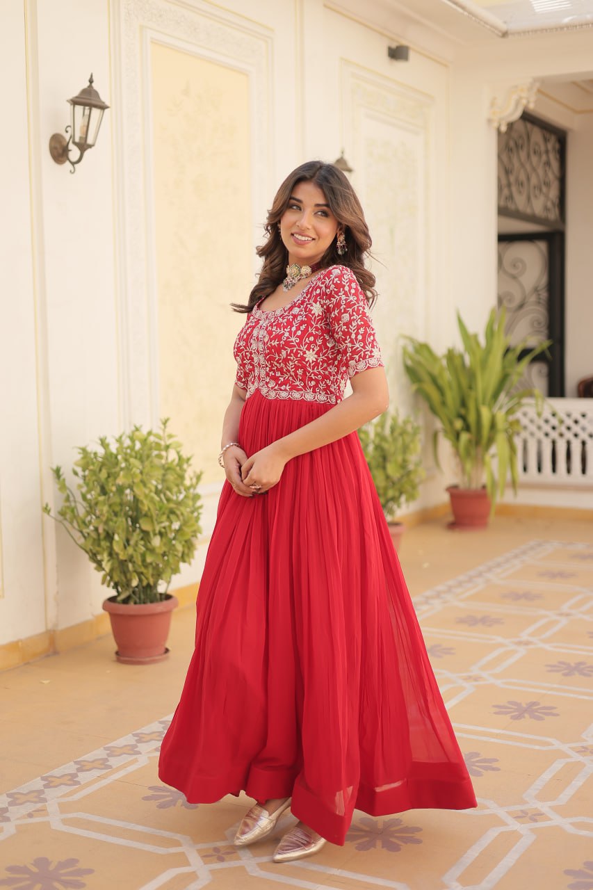 Luxury Designer Gown For Women - High-quality Faux Blooming Fabric With Zari Thread & Sequins Embroidery