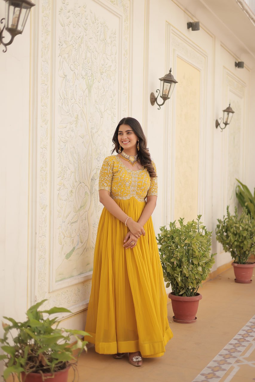 Luxury Designer Gown For Women - High-quality Faux Blooming Fabric With Zari Thread & Sequins Embroidery