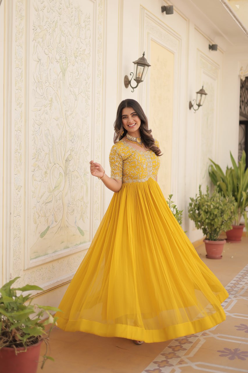 Luxury Designer Gown For Women - High-quality Faux Blooming Fabric With Zari Thread & Sequins Embroidery