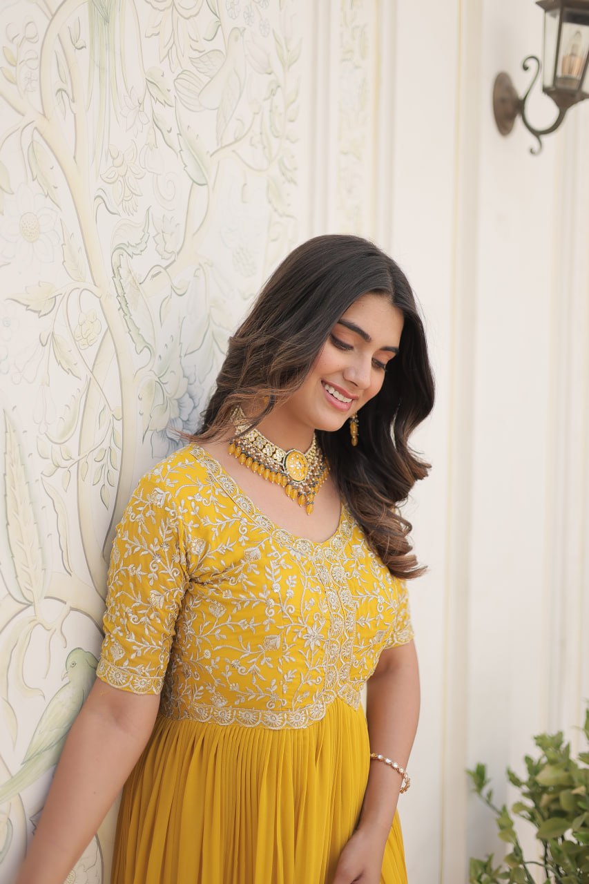 Luxury Designer Gown For Women - High-quality Faux Blooming Fabric With Zari Thread & Sequins Embroidery