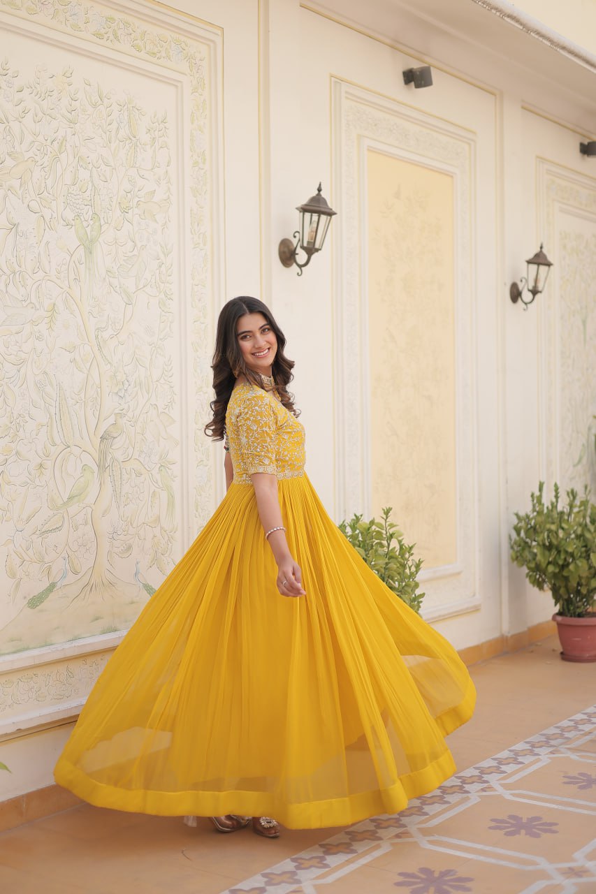 Luxury Designer Gown For Women - High-quality Faux Blooming Fabric With Zari Thread & Sequins Embroidery