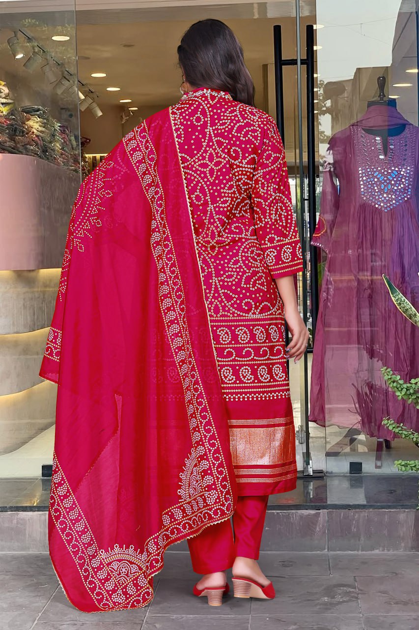 Beautiful Bandhani Print Silk Kurta Set