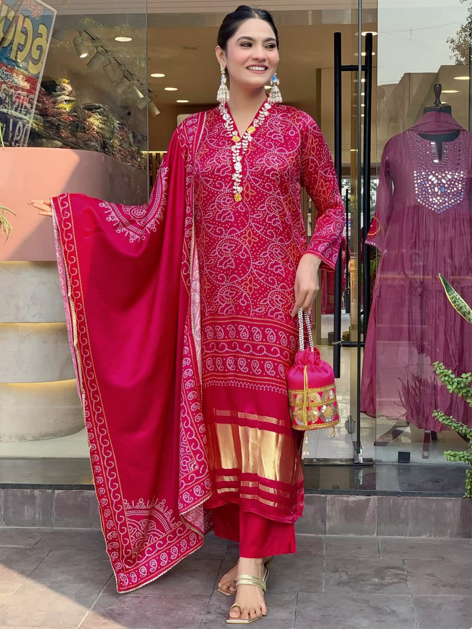 Beautiful Bandhani Print Silk Kurta Set