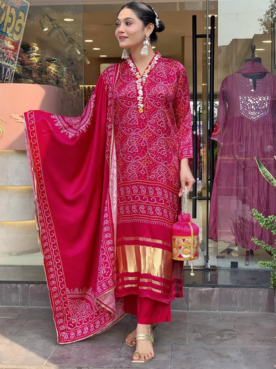 Beautiful Bandhani Print Silk Kurta Set