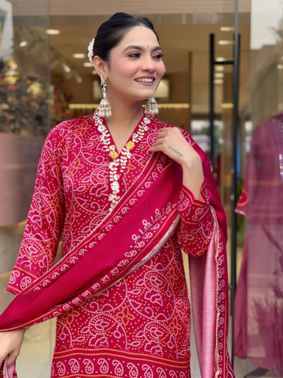 Beautiful Bandhani Print Silk Kurta Set
