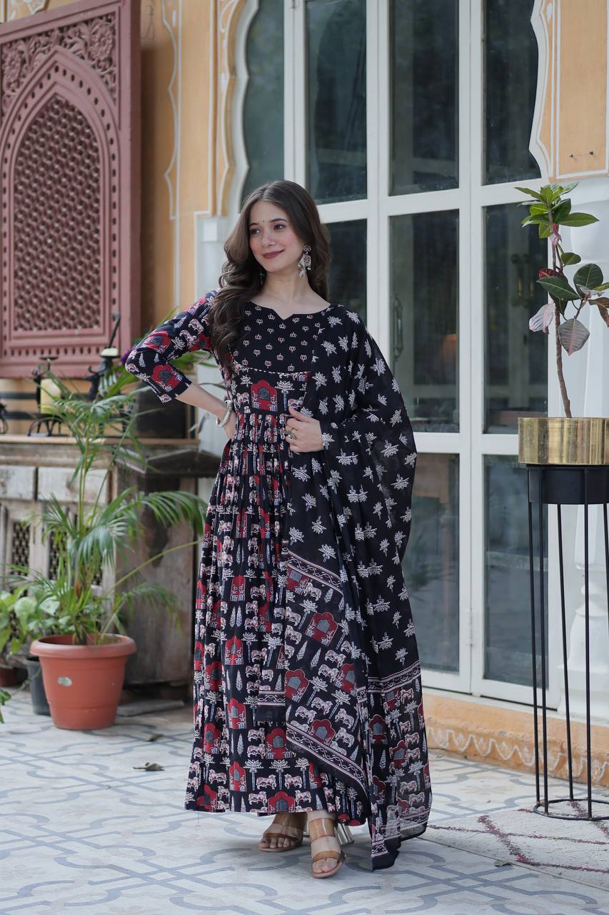 Traditional Printed Anarkali Suit Set In Rich Red & Black Hues With Ethnic Motifs, Dupatta & Coordinated Pants – Pure Cotton Combo For Daily Wear