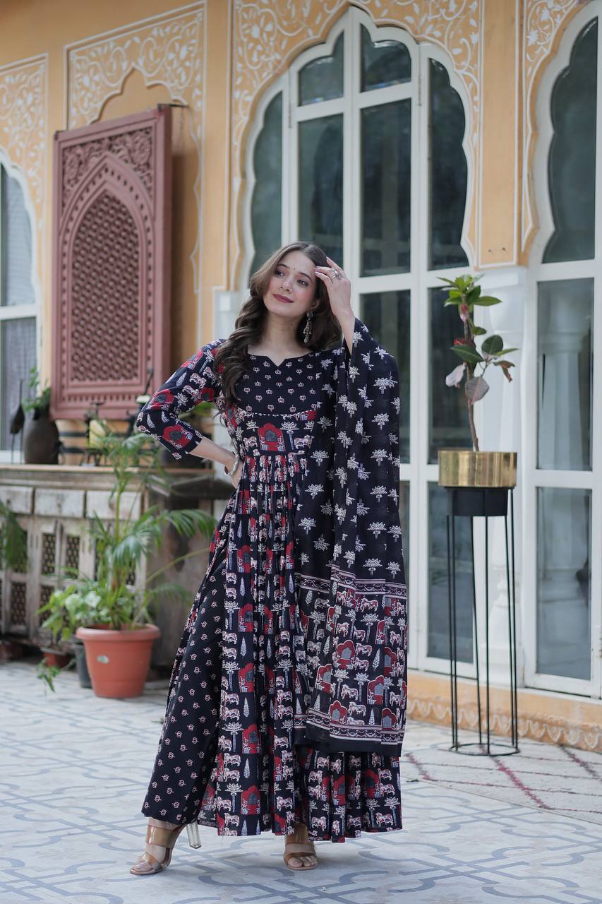 Traditional Printed Anarkali Suit Set In Rich Red & Black Hues With Ethnic Motifs, Dupatta & Coordinated Pants – Pure Cotton Combo For Daily Wear