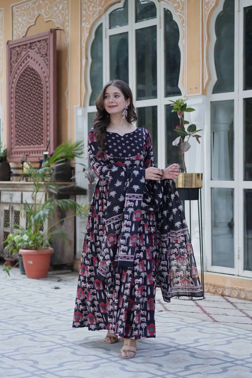 Traditional Printed Anarkali Suit Set In Rich Red & Black Hues With Ethnic Motifs, Dupatta & Coordinated Pants – Pure Cotton Combo For Daily Wear