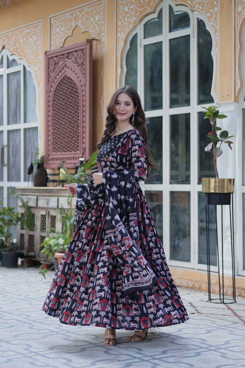Traditional Printed Anarkali Suit Set In Rich Red & Black Hues With Ethnic Motifs, Dupatta & Coordinated Pants – Pure Cotton Combo For Daily Wear