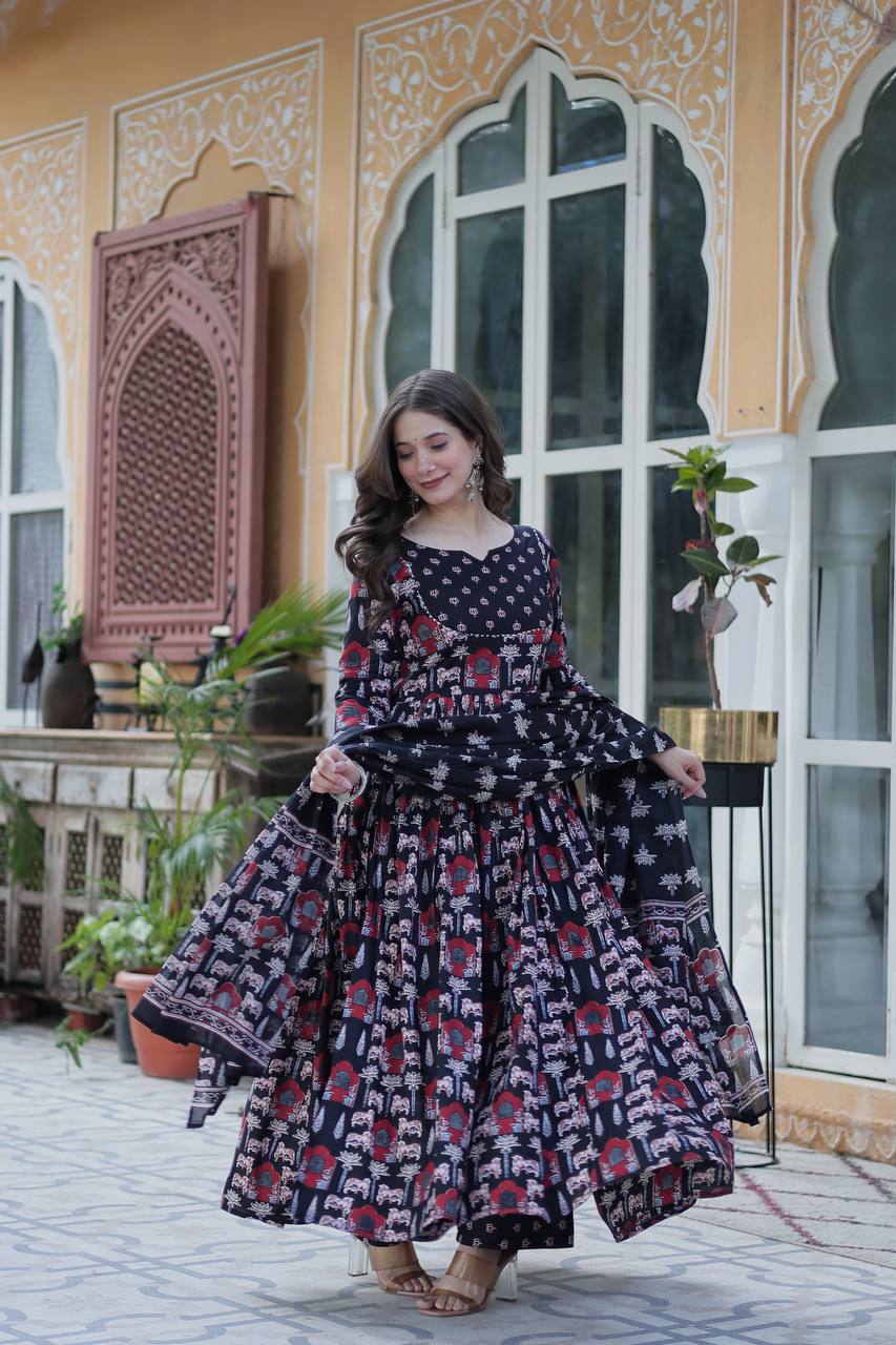 Traditional Printed Anarkali Suit Set In Rich Red & Black Hues With Ethnic Motifs, Dupatta & Coordinated Pants – Pure Cotton Combo For Daily Wear