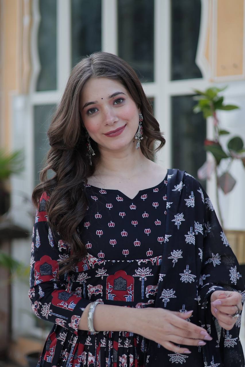 Traditional Printed Anarkali Suit Set In Rich Red & Black Hues With Ethnic Motifs, Dupatta & Coordinated Pants – Pure Cotton Combo For Daily Wear