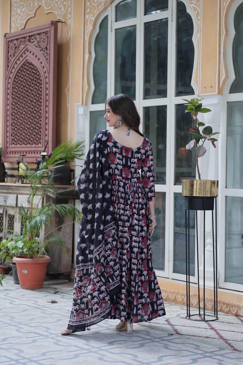 Traditional Printed Anarkali Suit Set In Rich Red & Black Hues With Ethnic Motifs, Dupatta & Coordinated Pants – Pure Cotton Combo For Daily Wear