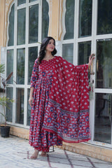 Traditional Printed Anarkali Suit Set In Rich Red & Black Hues With Ethnic Motifs, Dupatta & Coordinated Pants – Pure Cotton Combo For Daily Wear