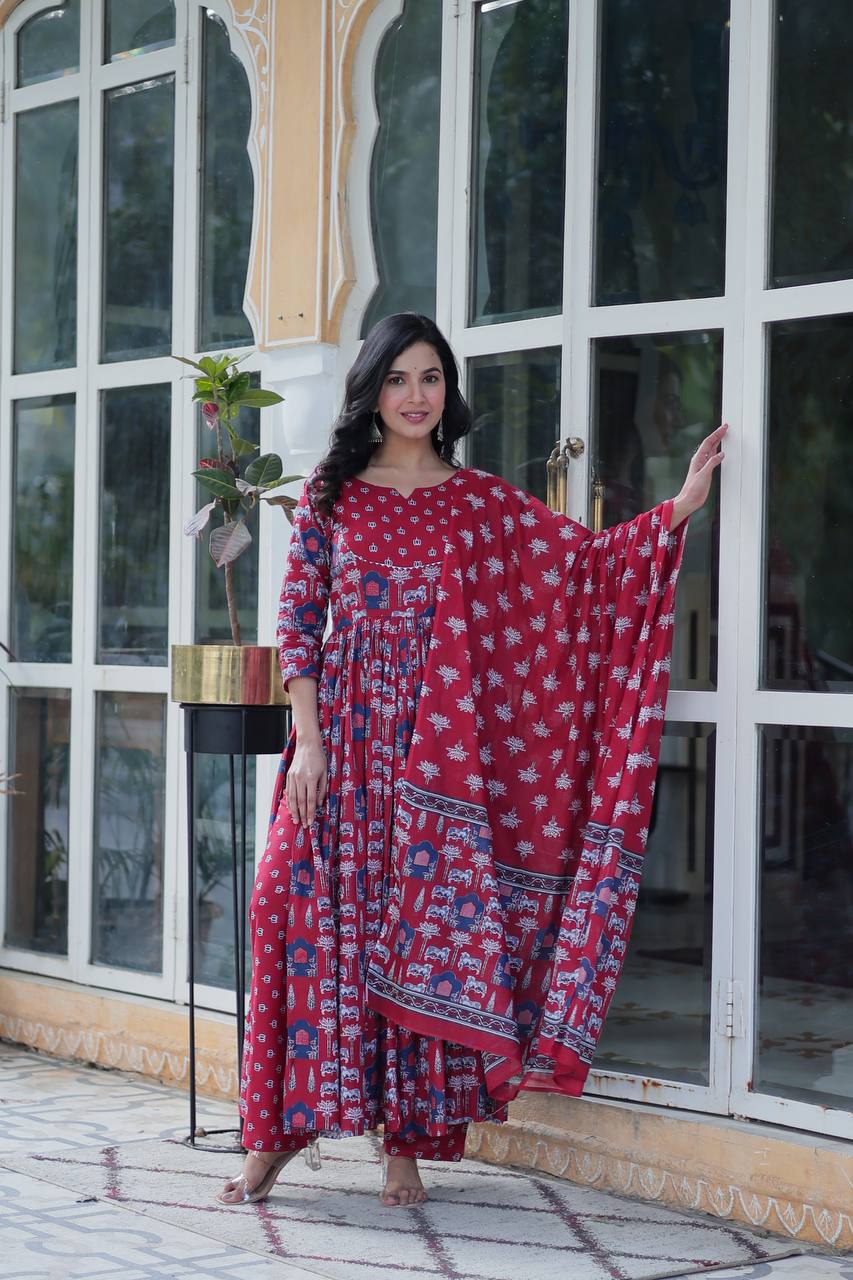 Traditional Printed Anarkali Suit Set In Rich Red & Black Hues With Ethnic Motifs, Dupatta & Coordinated Pants – Pure Cotton Combo For Daily Wear