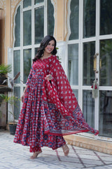 Traditional Printed Anarkali Suit Set In Rich Red & Black Hues With Ethnic Motifs, Dupatta & Coordinated Pants – Pure Cotton Combo For Daily Wear