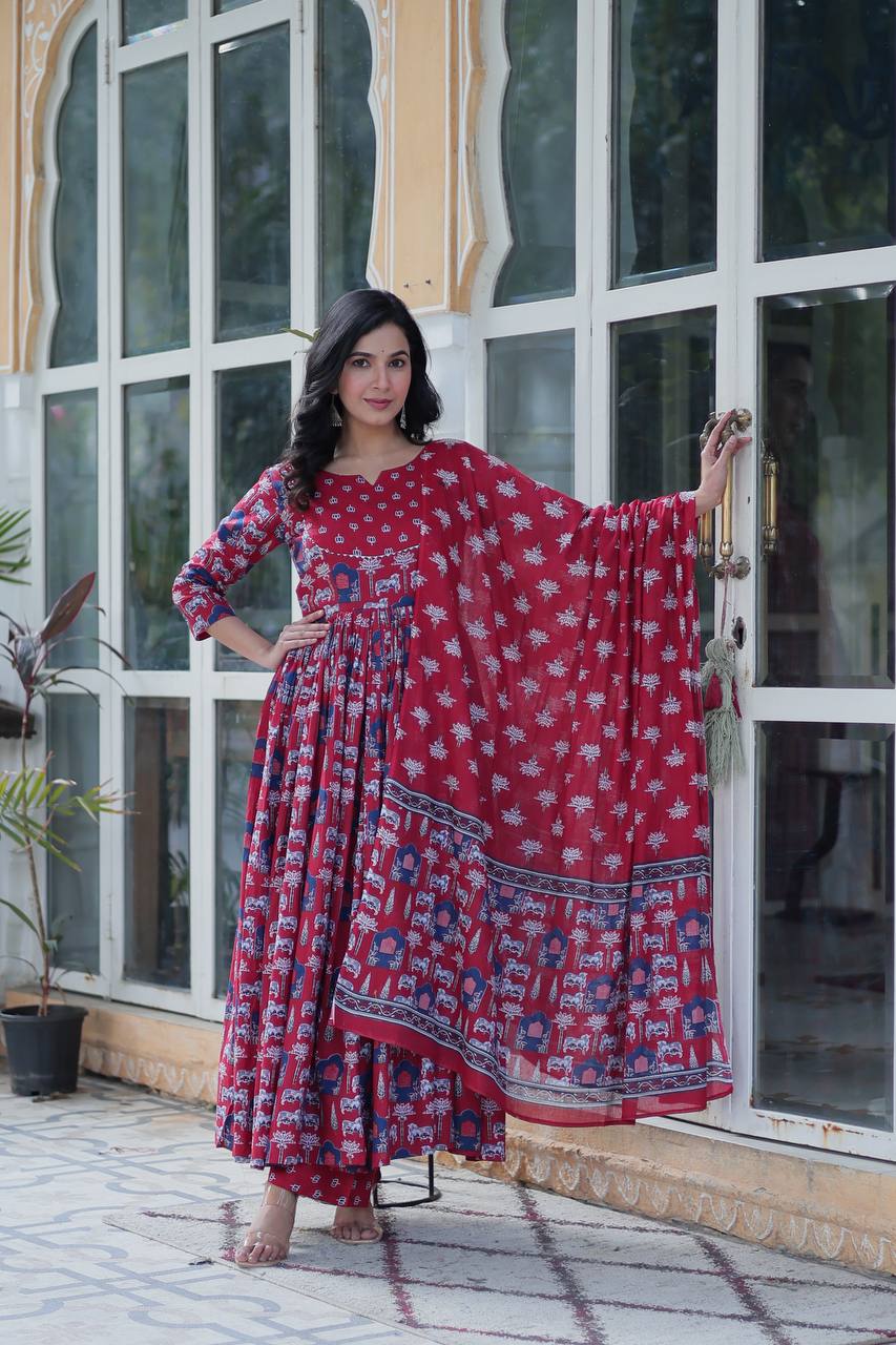 Traditional Printed Anarkali Suit Set In Rich Red & Black Hues With Ethnic Motifs, Dupatta & Coordinated Pants – Pure Cotton Combo For Daily Wear
