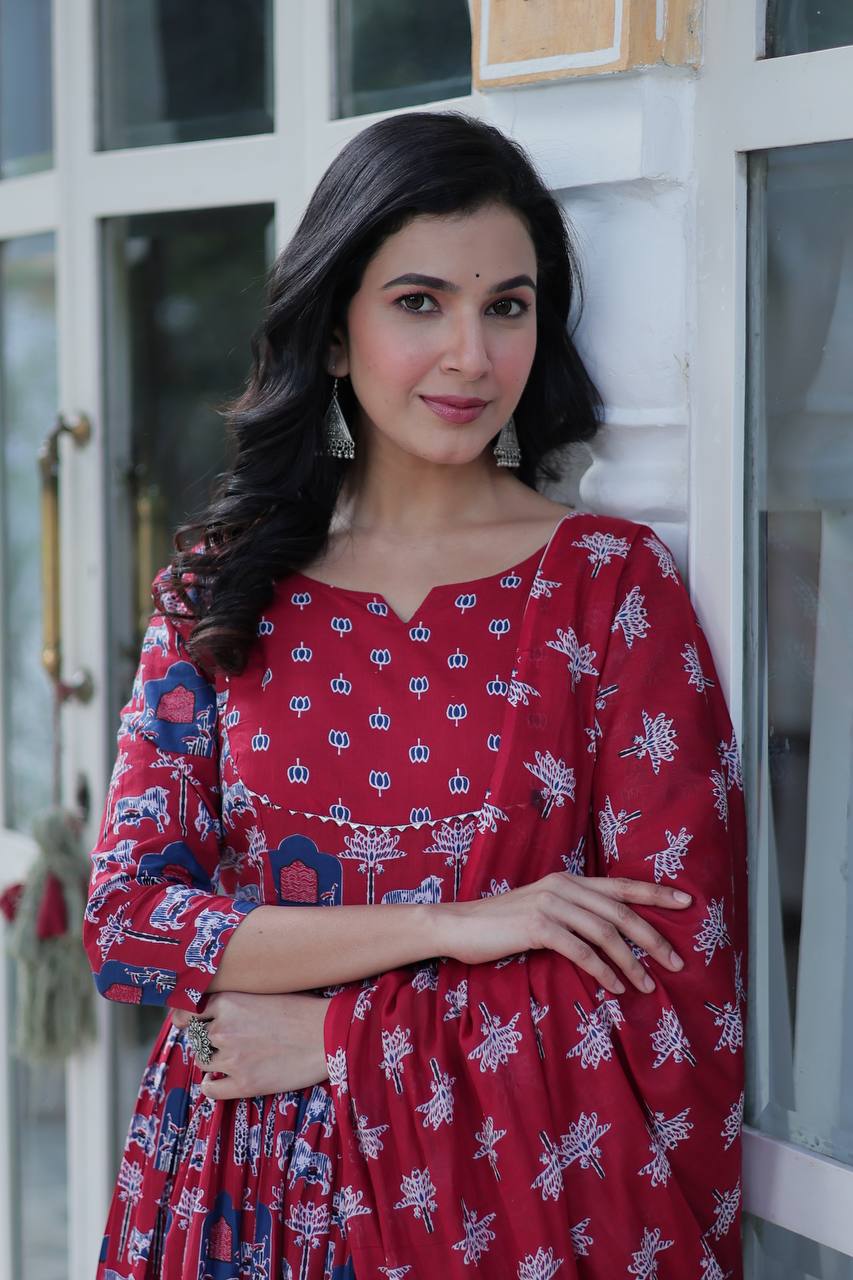 Traditional Printed Anarkali Suit Set In Rich Red & Black Hues With Ethnic Motifs, Dupatta & Coordinated Pants – Pure Cotton Combo For Daily Wear