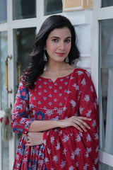 Traditional Printed Anarkali Suit Set In Rich Red & Black Hues With Ethnic Motifs, Dupatta & Coordinated Pants – Pure Cotton Combo For Daily Wear