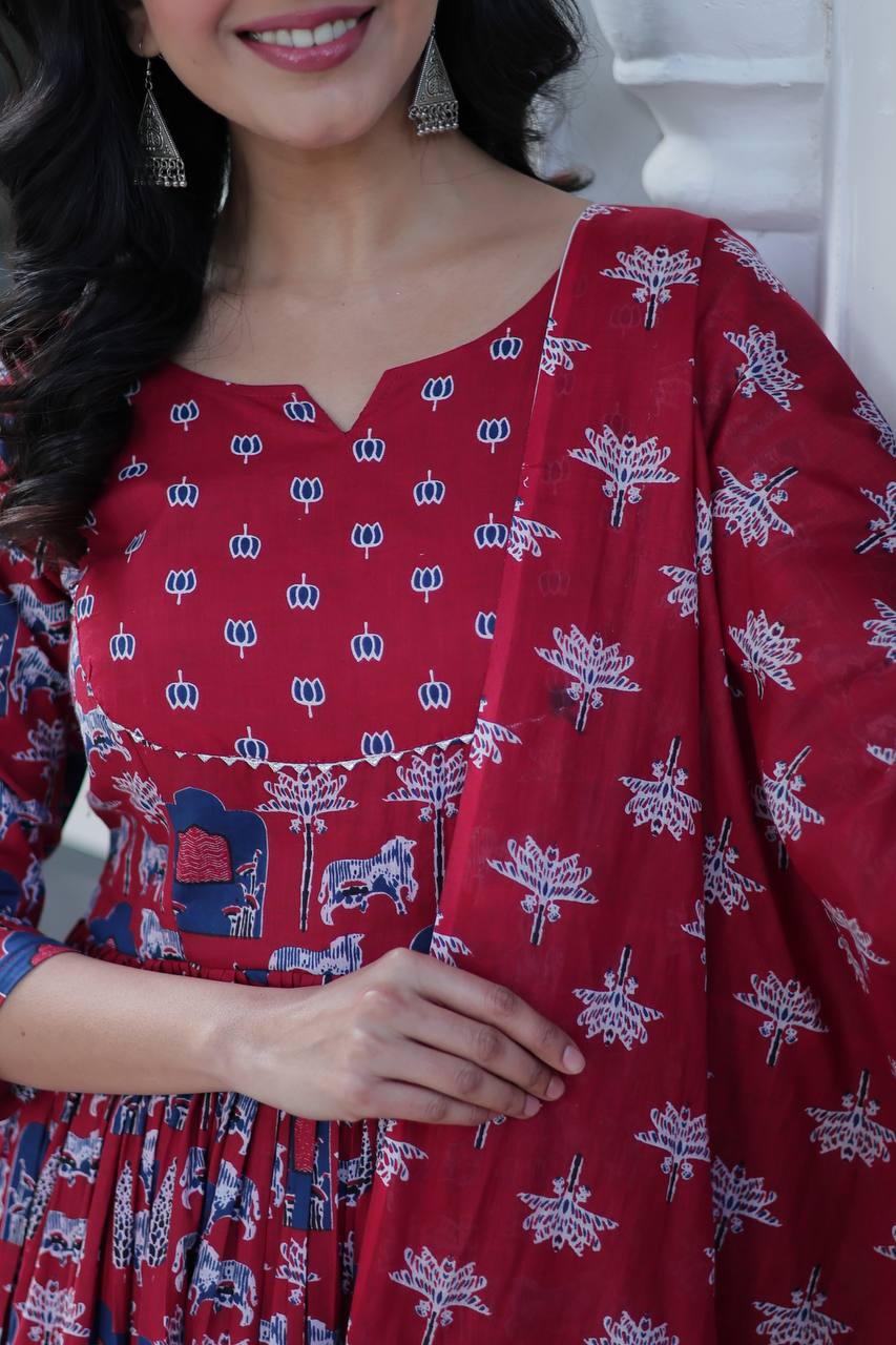 Traditional Printed Anarkali Suit Set In Rich Red & Black Hues With Ethnic Motifs, Dupatta & Coordinated Pants – Pure Cotton Combo For Daily Wear