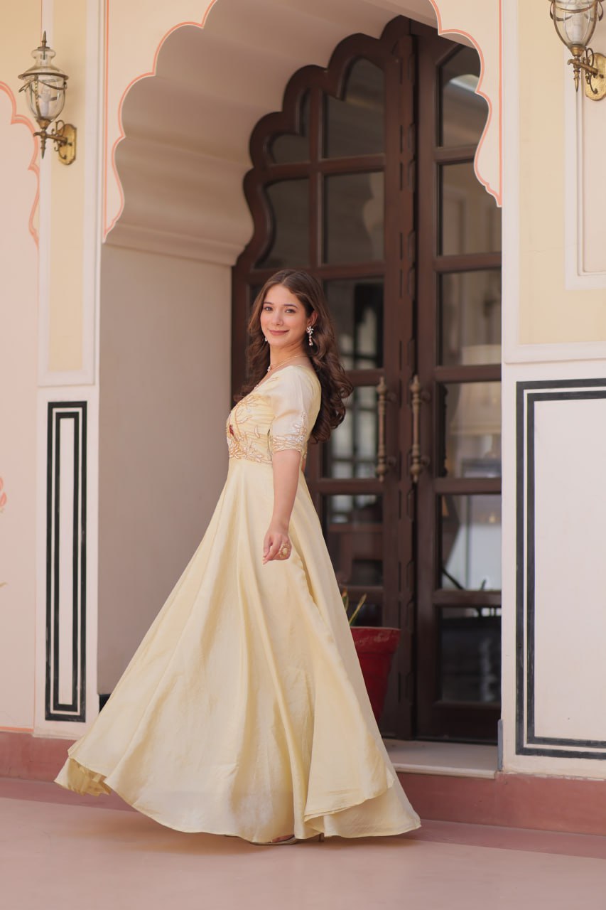 Embroidered Silk Readymade Gown – Festive & Party Wear Elegance