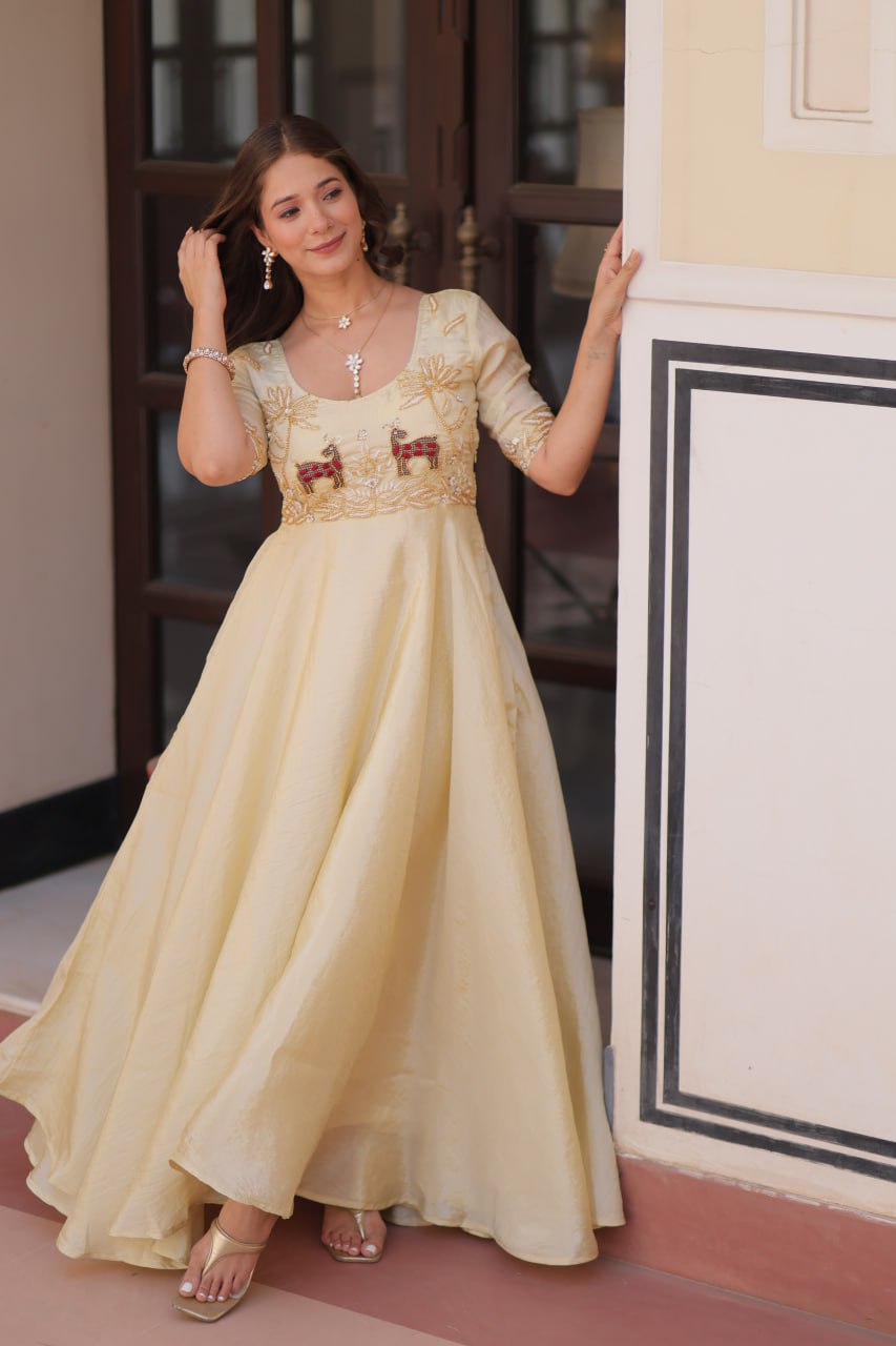 Embroidered Silk Readymade Gown – Festive & Party Wear Elegance