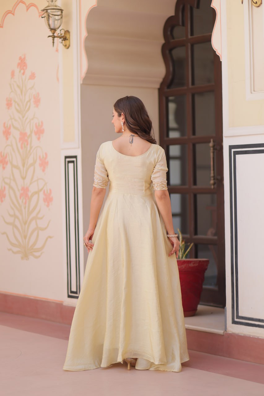 Embroidered Silk Readymade Gown – Festive & Party Wear Elegance