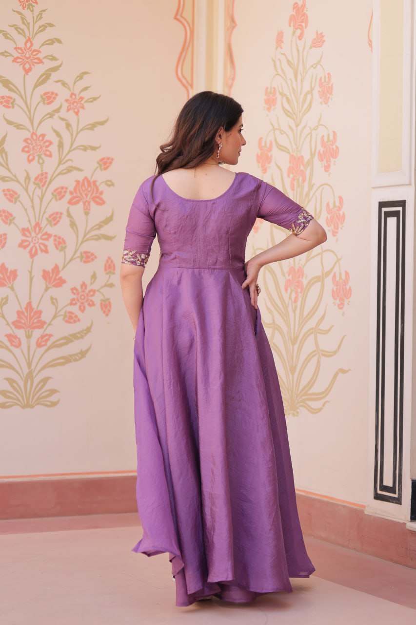 Embroidered Silk Readymade Gown – Festive & Party Wear Elegance