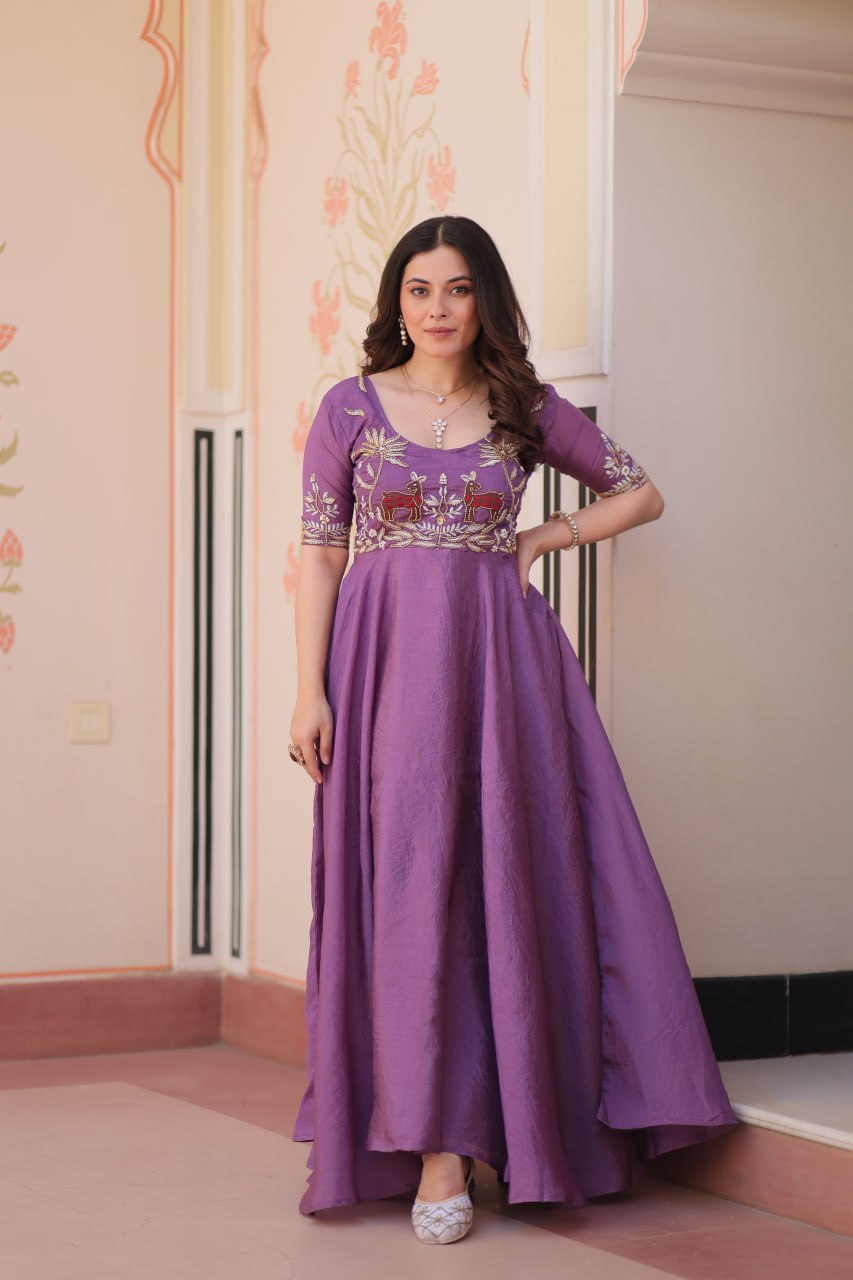 Embroidered Silk Readymade Gown – Festive & Party Wear Elegance