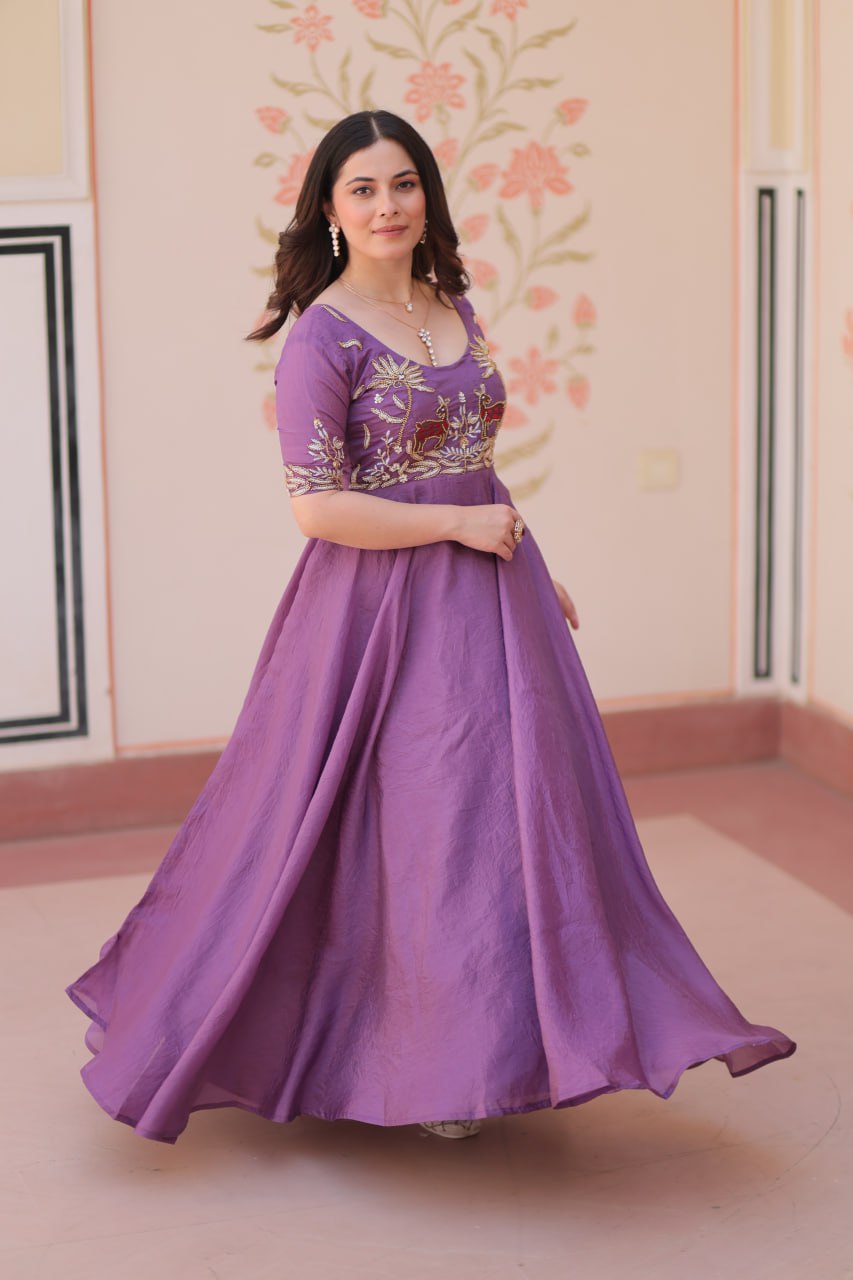 Embroidered Silk Readymade Gown – Festive & Party Wear Elegance