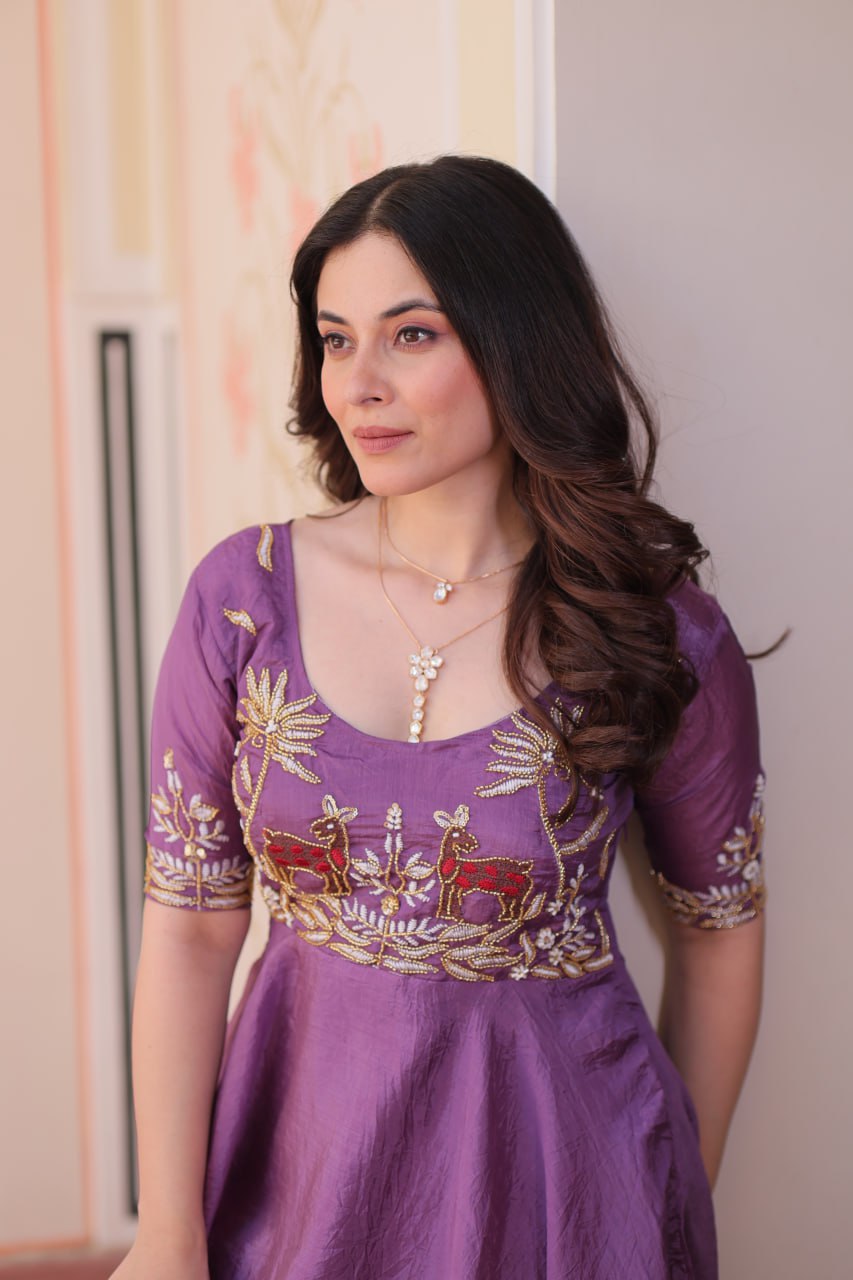 Embroidered Silk Readymade Gown – Festive & Party Wear Elegance