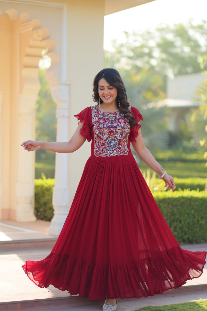 Designer Red Color Faux Blooming Embroidered work Gown