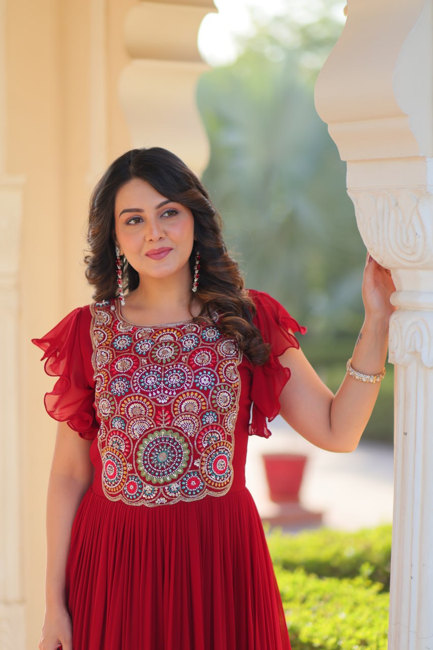 Designer Red Color Faux Blooming Embroidered work Gown