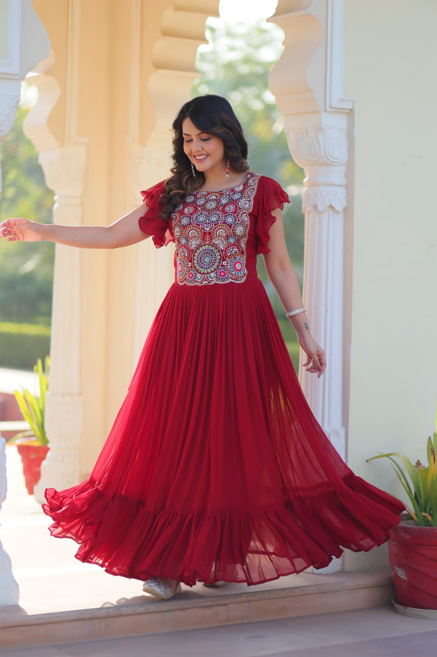 Designer Red Color Faux Blooming Embroidered work Gown