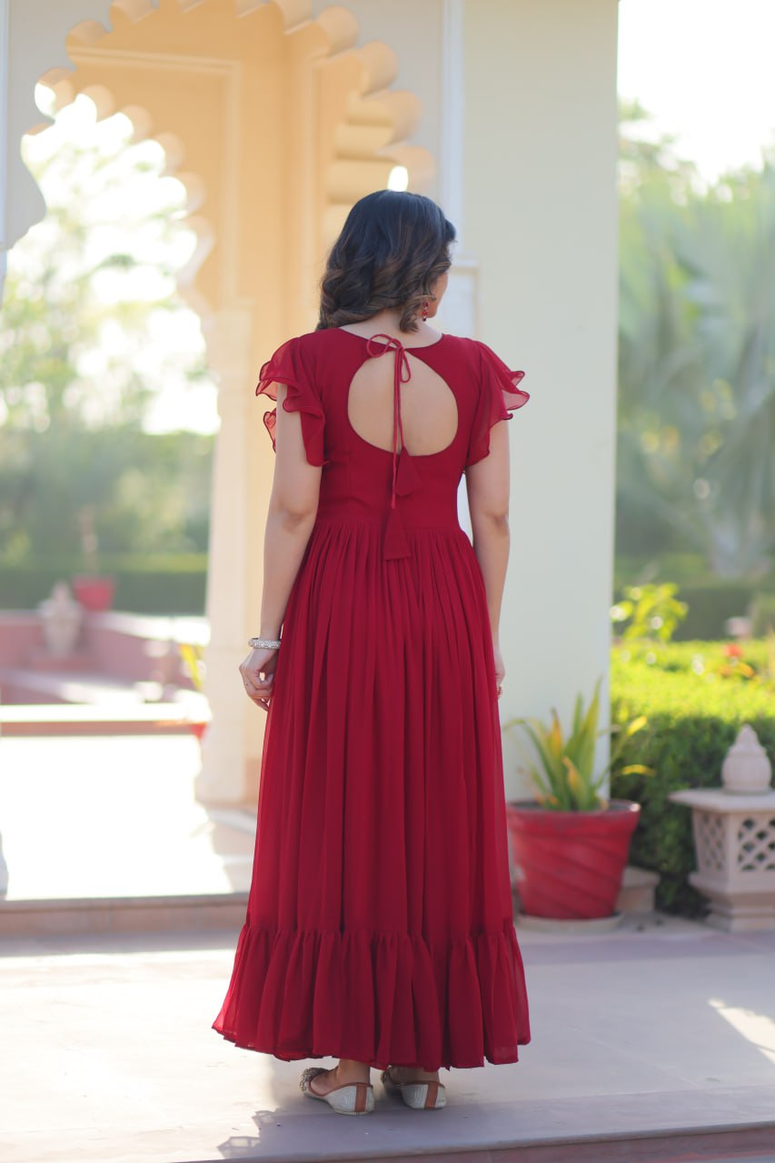 Designer Red Color Faux Blooming Embroidered work Gown