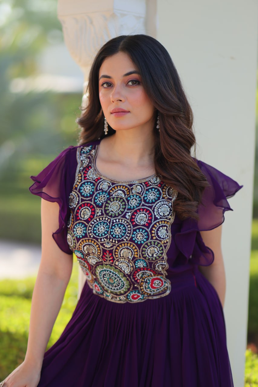 Designer Purple Color Faux Blooming Embroidered work Gown