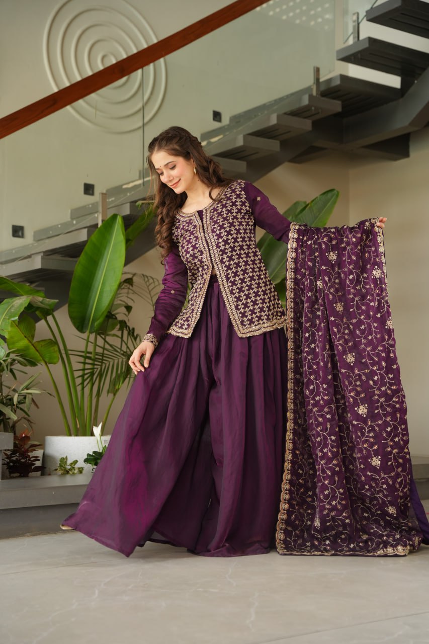 Designer Wine Fendy Rich Beads Embroidered Sharara Set