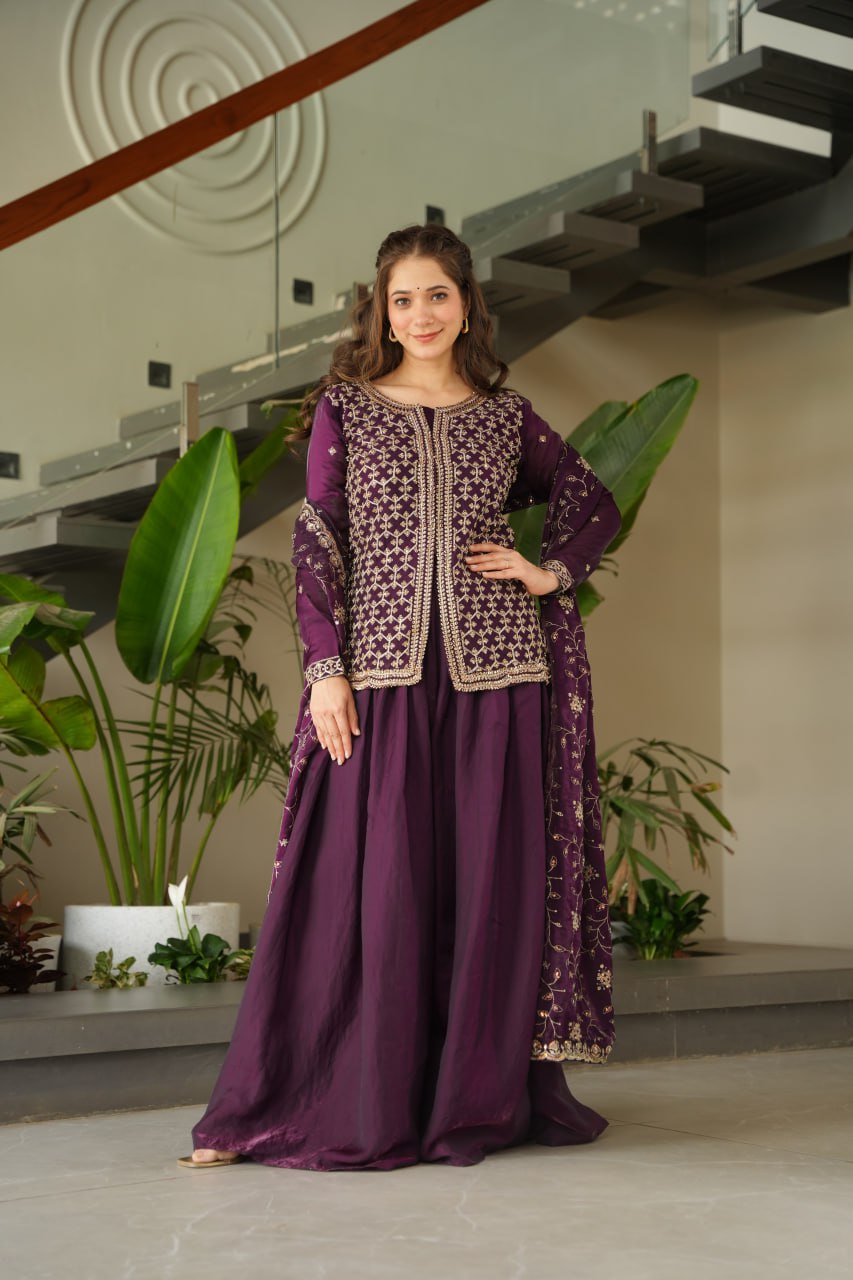 Designer Wine Fendy Rich Beads Embroidered Sharara Set